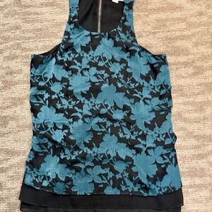 Cooper & Ella Sheer Black and Dark Teal Floral Tank Top High Neck Back Zip